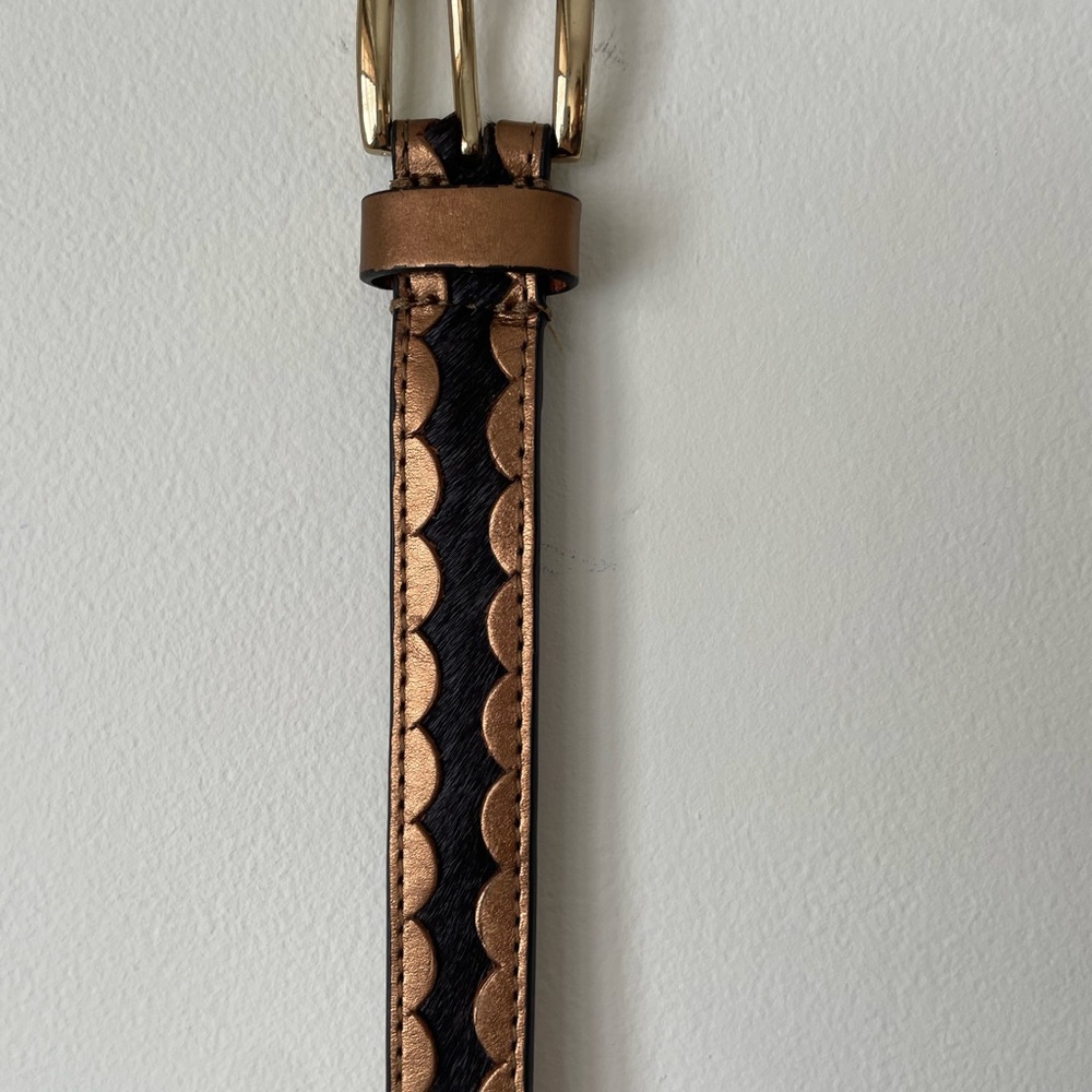NWOT Vintage Tan and Black Scalloped Leather Belt Bronze & Pony Hair Details